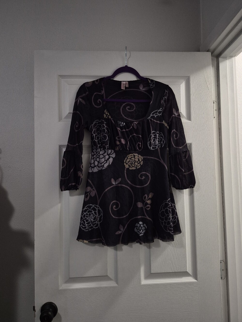 Sweet Pea Black Floral Scoop-Neck Tunic with Cream and Lavender Accents